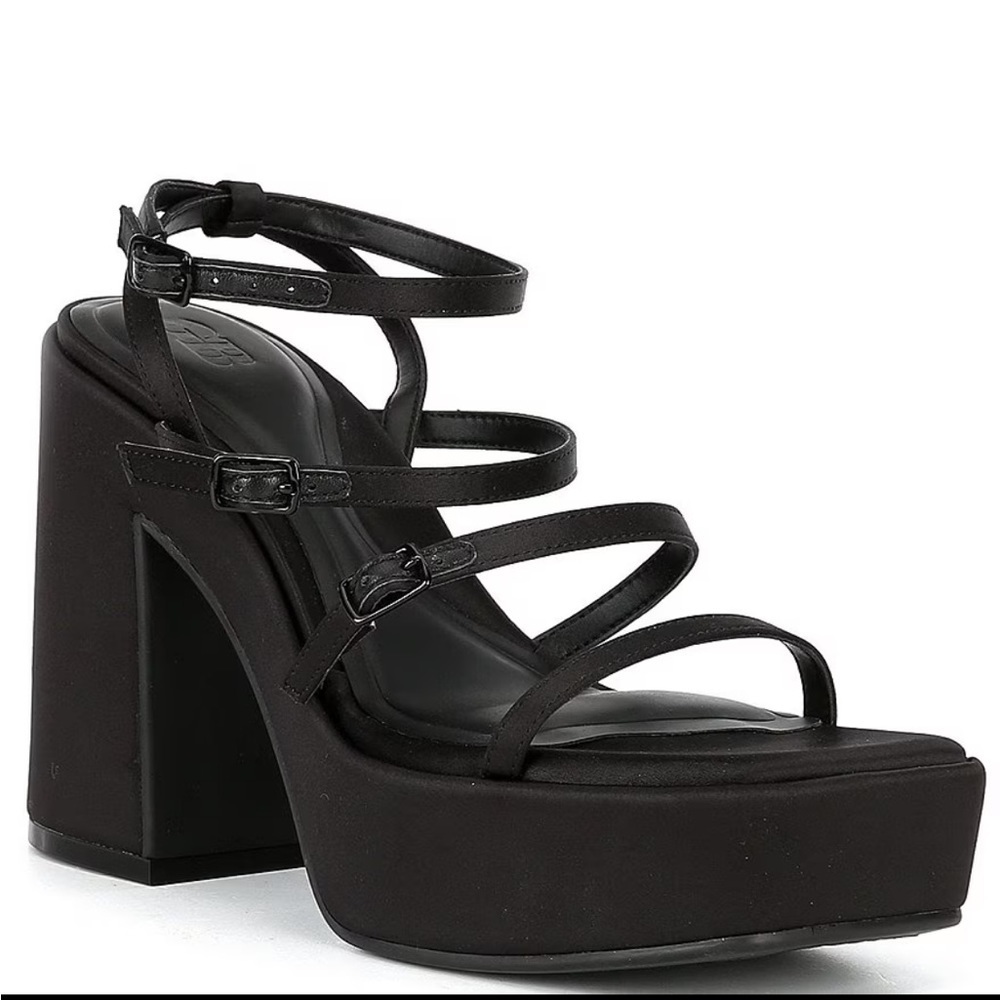 GB Drama Queen Black Satin Strappy Platform Dress Sandals Size 9 NEW